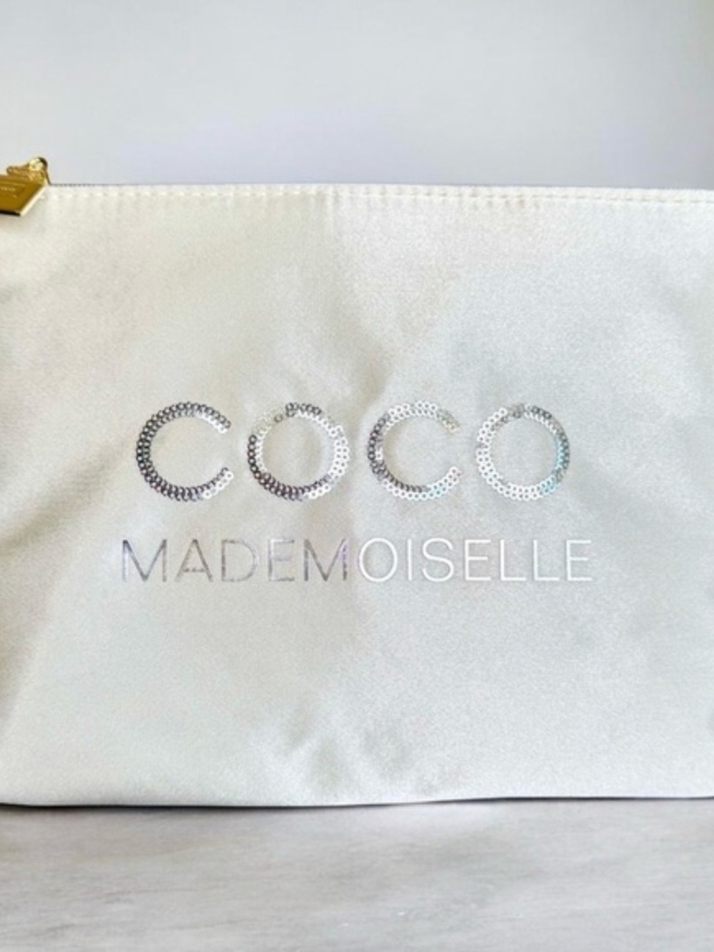 CHANEL Ivory Satin Coco Mademoiselle Pouch with Metallic Logo